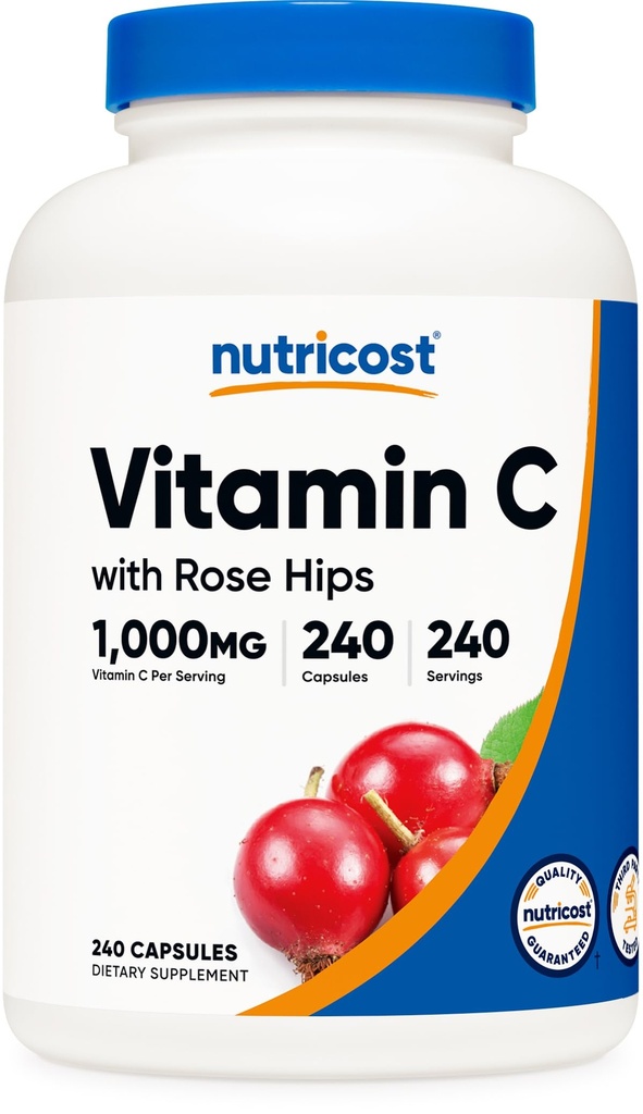 营养成本 维生素C 配有 玫瑰 Hips 1025mg, 240 Capsules - 维生素 C 1000mg, 玫瑰 Hips 25mg, Premium, Non-GMO, Gluten Free Supple