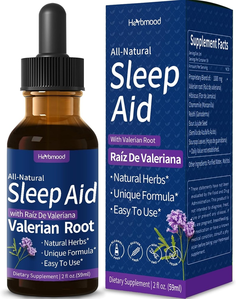 Valerian Root Sleep Supports Drops, Gotas de Manzanilla y Flor de Jamaica y Valeriana para Dormir Profundamente,全天然草药提取液与Hibiscus & Chamomile. 2OZ (英语).