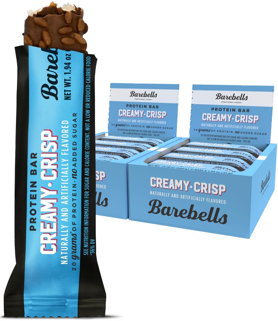 BAREBELS 蛋白质棒 Creamy Crisp - 12 Counts, pack of 2 - 蛋白质袋装有20g的高蛋白质棒 - 巧克力蛋白质棒装有1g的总糖 - 完美在Go蛋白质棒和早餐棒上