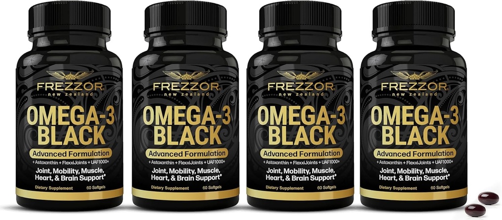 FREZZOR Omega 3 Black - 最强的绿色浸泡油盖,新西兰制造,UAF1000+,炎症,联合护理和救济,心脏和免疫支持,60 Counter (Pack of 4)