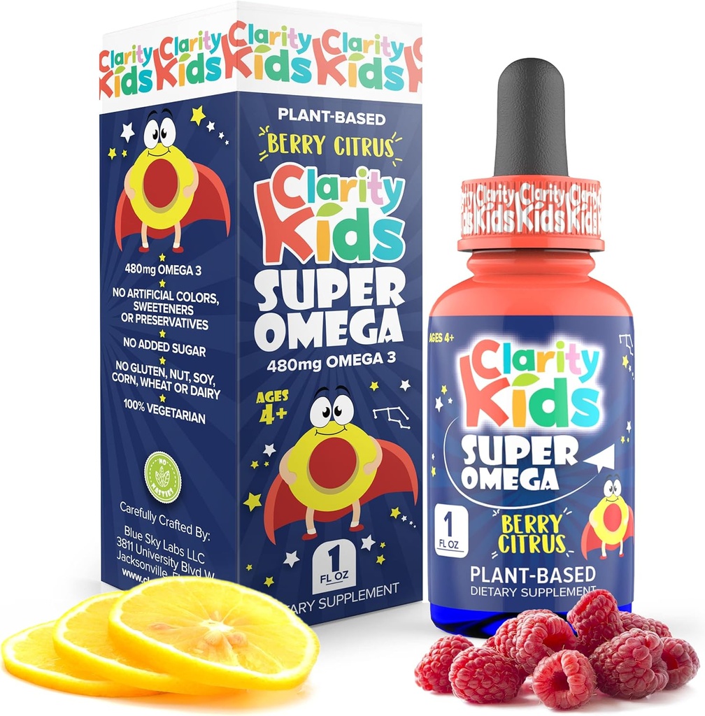 明亮的孩子 Super Omega 与 DHA + EPA Omega 3 为更好的重点和质量睡眠 Algae 油 Omega 3 液体 (每服务1毫升) 所有天然 DHA Drops for Children United America Made Supplement (1 fl oz)