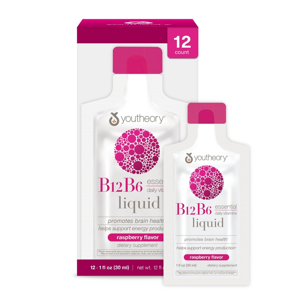 Youtheory Vitamin B12 B6, Daily Energy and Brain Support Supplement, Liquid Raspberry Flavor, 12 – 1oz Single Serving Packets