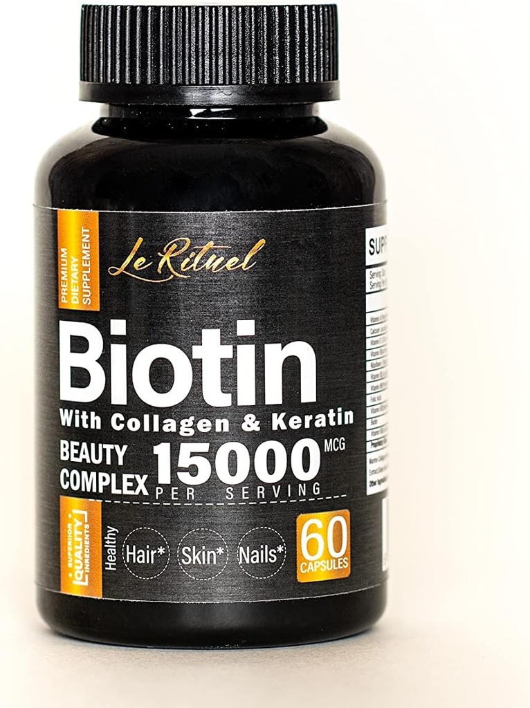含有Collagen & Keratin的生物素 - 女性和男性的毛发生长补充剂 - 15,000 mcg 药剂 - 维生素 A,D,B1,B2,B3,B5,B6,B12 复合剂 - 健康 Vegan Capsules - 60 Counters