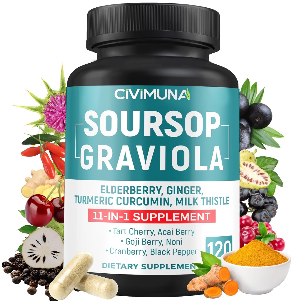 Soursop Graviola Capsules, 配有长莓、涡轮、姜、牛奶硝、玉米樱桃和更多 -- -- 120个Capsules,供应4个月