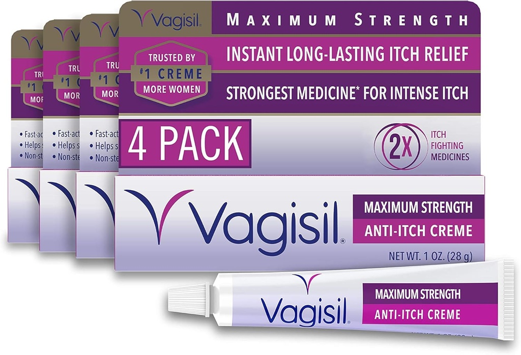Vagisil 最大强度 女性与本佐卡因的抗痒奶油, 帮助Relieve Yeast Information Iritation, 妇科医生测试,快活, Soothes and Cools Skin, 1 oz (Pack of 4)