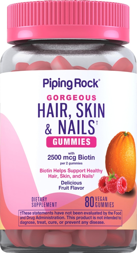 Piping Rock hair Skin and Nails Vitamins ####80 Gummys ###2500 mcg of Biotin ###妇女 多维特敏 ####与维生素C和E ###=水果火焰##########n-GMO,Gluten Free Supplement