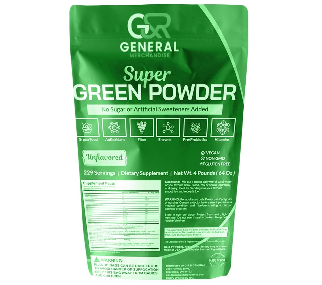 超级绿皮粉超食品有机,229为消化酶,Probiotics & Vitamins 蔬菜(小麦草,Spiruina & more),水果,4英镑(64oz).