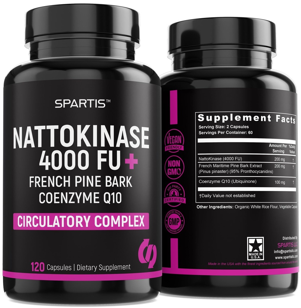 Nattokinase Supplement 4000 FU CoQ10 100mg 法国海洋松树酒吧提取 200mg 与酶用于循环和心血管支持(Pack of 1 at 120-Caps)