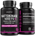 Nattokinase Supplement 4000 FU CoQ10 100mg 法国海洋松树酒吧提取 200mg 与酶用于循环和心血管支持(Pack of 1 at 120-Caps)