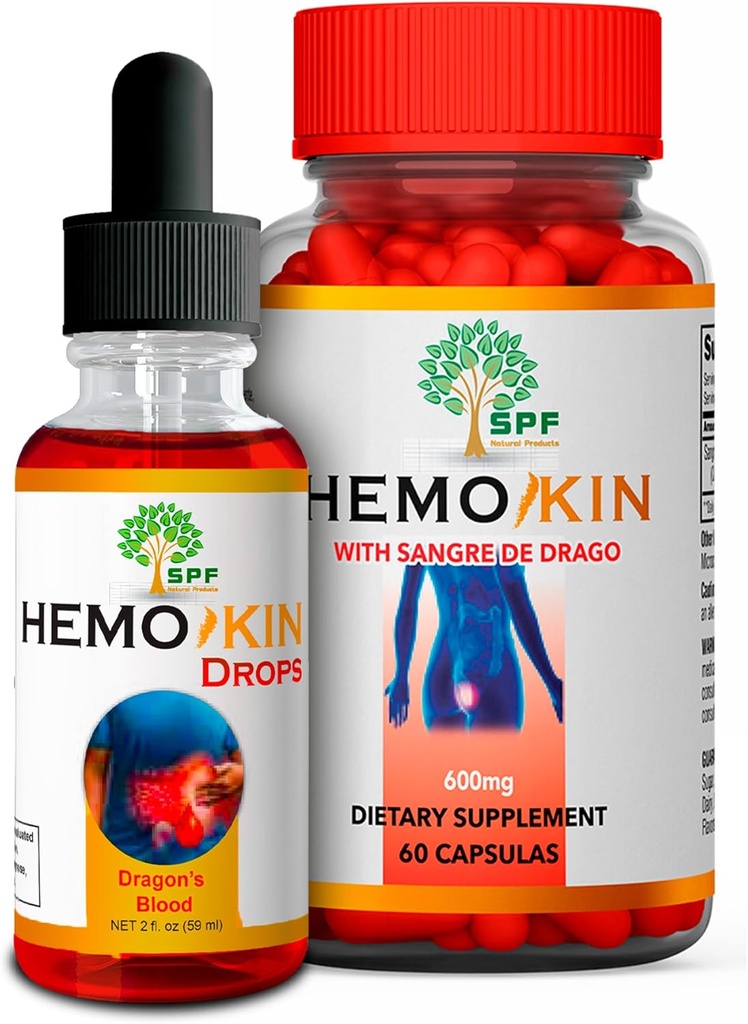 HEMOKIN Capsules & SPF HEMOKIN 与Sangre de Drago + 血浆、纤维和伤病救济 + 减少痒痒、居住、疼痛 + 消化卫生和疗养支助 + + 60 Caps + 2 Oz