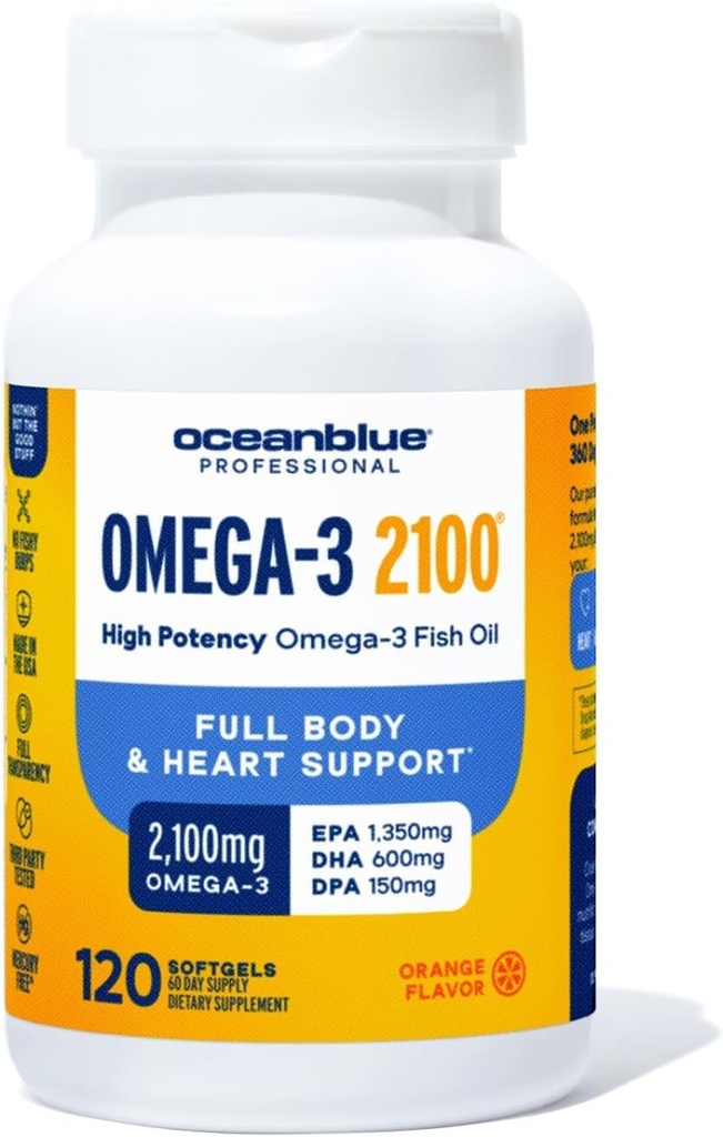 海洋蓝专业Omega-3 2100-120 cm – 与EPA, DHA & DA – 野生捕捉 - 橙色Flavor, 60 位服务员 – 高角三重强 Burpleless Fish Oil 配音: