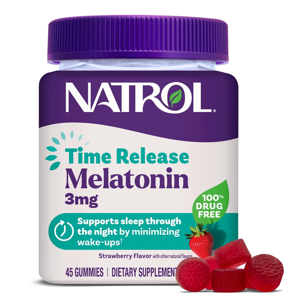 Natrol 时间释放 Melatonin Gummys, 成人睡眠支持, 3 mg Melatonin 睡眠支持补充, 45 草莓味的 Gummys, 最多45天供应