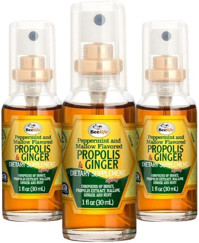 蜂生命Propolis Throat Spray – 舒松蜂蜜和姜汁 Propolis Spray – 天然免疫支持  & Bee Propolis 提取-抗氧化剂,富于Flavoids & Artepillin,无糖,Gluten-Free-3-Pack,90ml