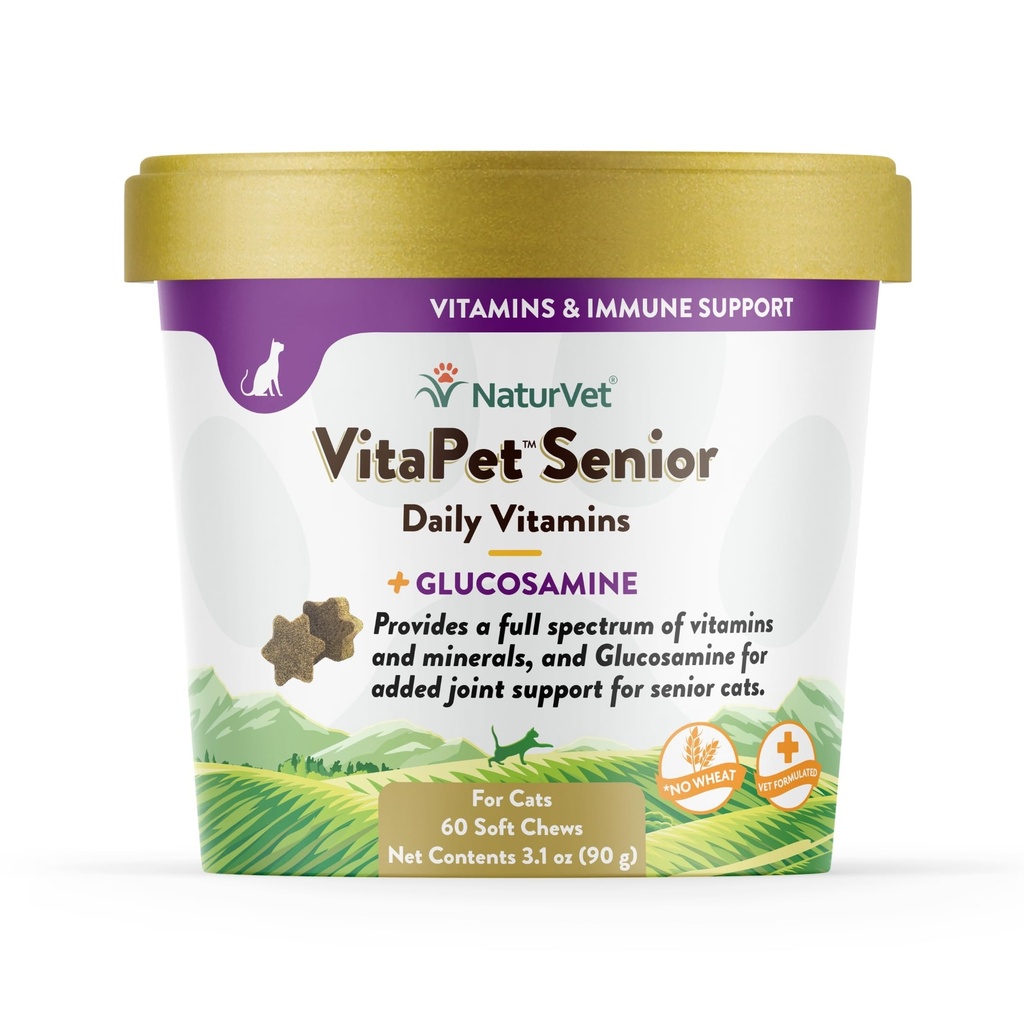 NaturVet VitaPet 高级日维生素,用于猫+Glucosamine,具体用于提供基本矿物,90克,60个计数