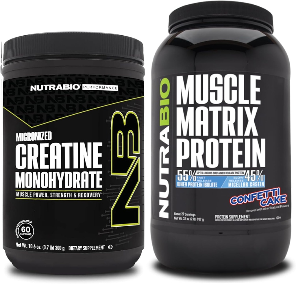 单水合核酸(NutraBio Creatine Monohydrate),(300克)和肌肉基质蛋白粉,(Confetti Cake) 补充包-肌肉能源,最大增殖,恢复和强力