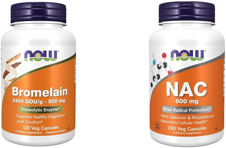 NOW 补充剂,Bromelain 2,400 GDU/g-500 mg,天然蛋白酶*,120 Veg Capsules & 补充剂,配有硒和钼的NAC 600 mg,配有250 Veg Capsules