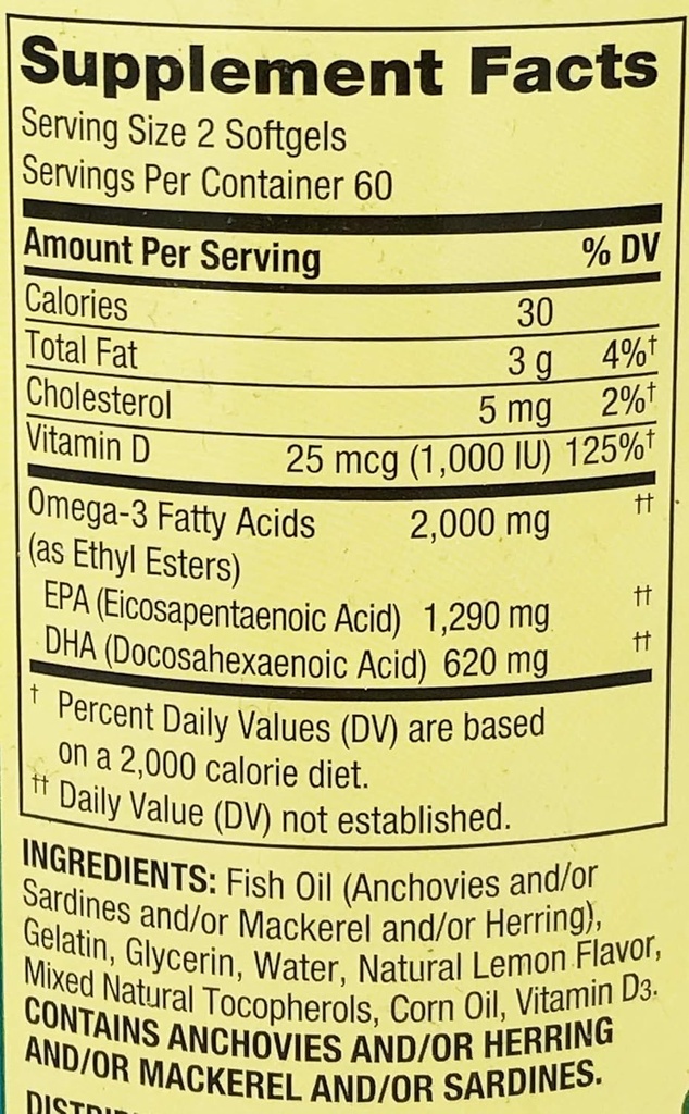 春季谷 Omega 3 鱼油最大护理 2000mg 柠檬 120 软胶