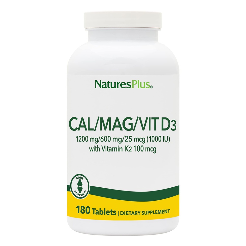 Natures Plus Calcium/Magnesium/维生素D3配有维生素K2 - 支持骨质和免疫健康 - 蔬菜,格鲁滕自由 - 180片 - 45种服务