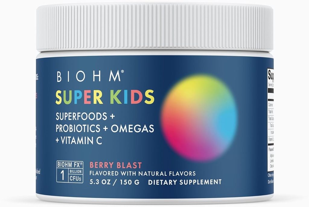 BIOHM超级儿童 超级食品 粉末加生素, (5.3 Oz, 30 series) 美味的莓爆裂剂, 抗氧化剂, Omega 3 & Vitamin C, 非GMO, 乳品免费, 无人工食品, 蔬菜, 年龄 4+