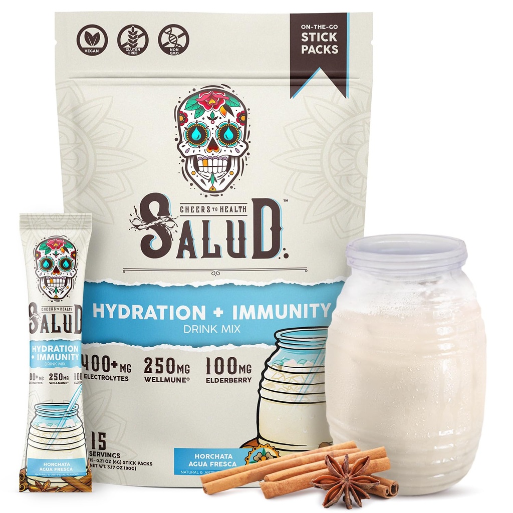 Salud 2-in-1 水解包 + 豁免电解片粉,Horchata - Agua Fresca 饮料混合剂, 长老莓, 奶油和大豆自由, 非GMO, Gluten Free, Vegan, Low Calorie, 1g Sugar (15种服务)