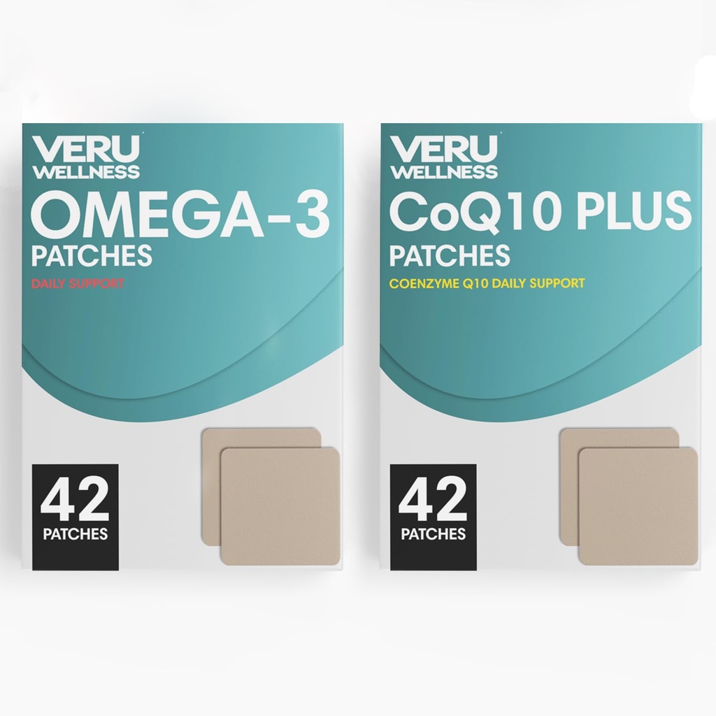 Veru Wellness Cardio血管和大脑强力 Duo Life Style Patches Omega3 Coenzyme Q10 - 自我粘附时间释放专题补丁,8-10小时(42天供应)