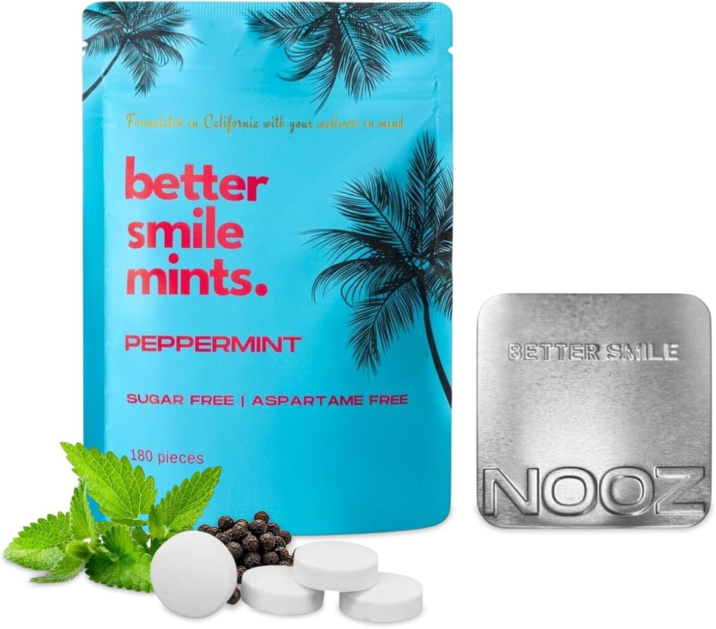 NOOZ更好的微笑薄荷 — — 180 Counter 口腔健康和新鲜的呼吸支持 — — 口腔和牙齿护理, pH平衡 — — 无糖, Aspartame — — 无辣椒薄荷 Flavor — — 包括可补充的椒锡