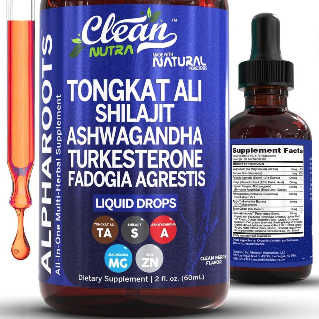 Tongkat Ali Liquid Drops Shilajit, Ashwagandha, Turkesterone, Fadogia Agrestis, Magnesium, 爱尔兰海摩斯, 和锌草药补充剂 由清洁努特拉公司制作