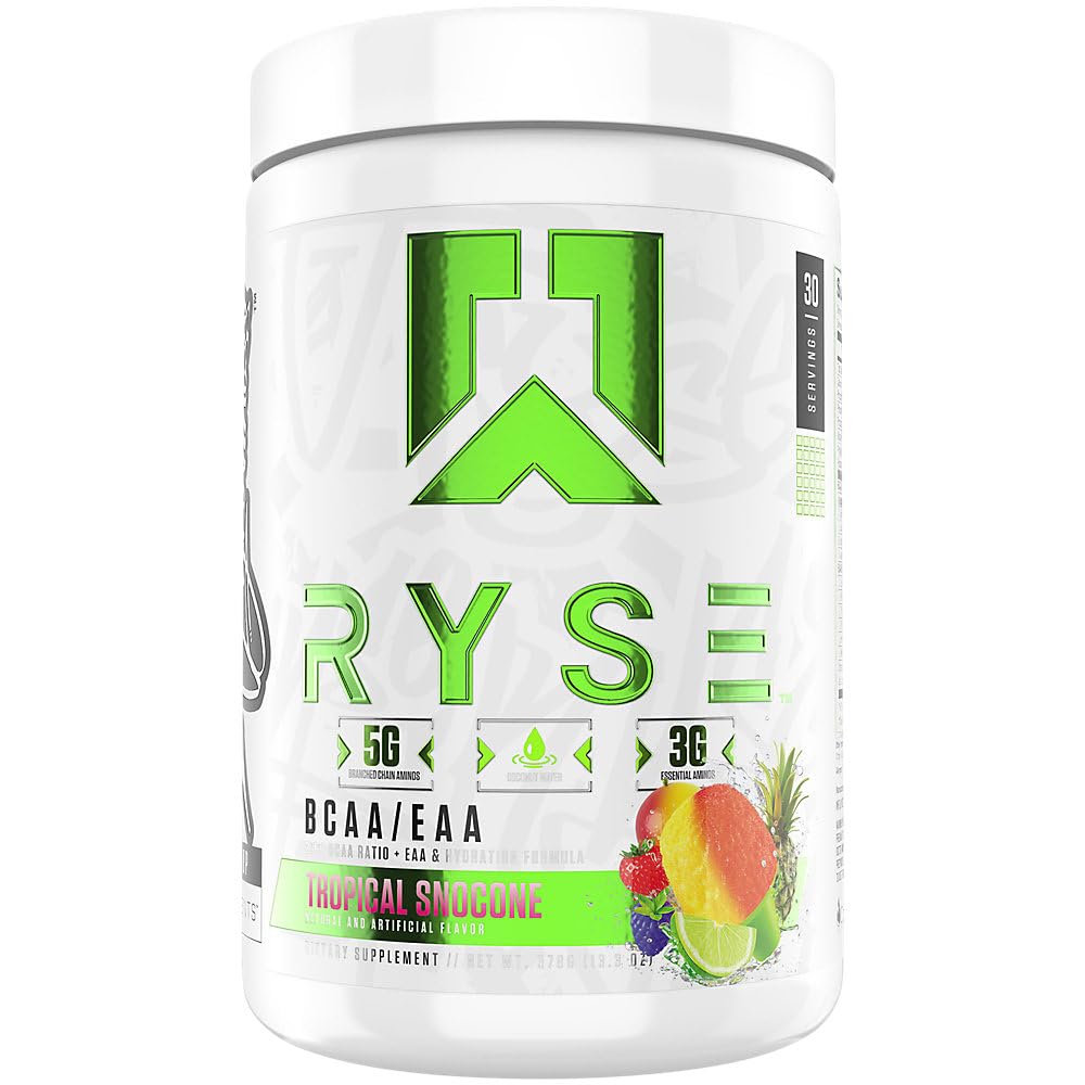 RYSE BCAA EAA粉 - 热带斯诺酮 - 5g 分支链氨酸,3g 基本氨基,无糖电解剂用于肌肉恢复、耐力、水分和强度 - 30种