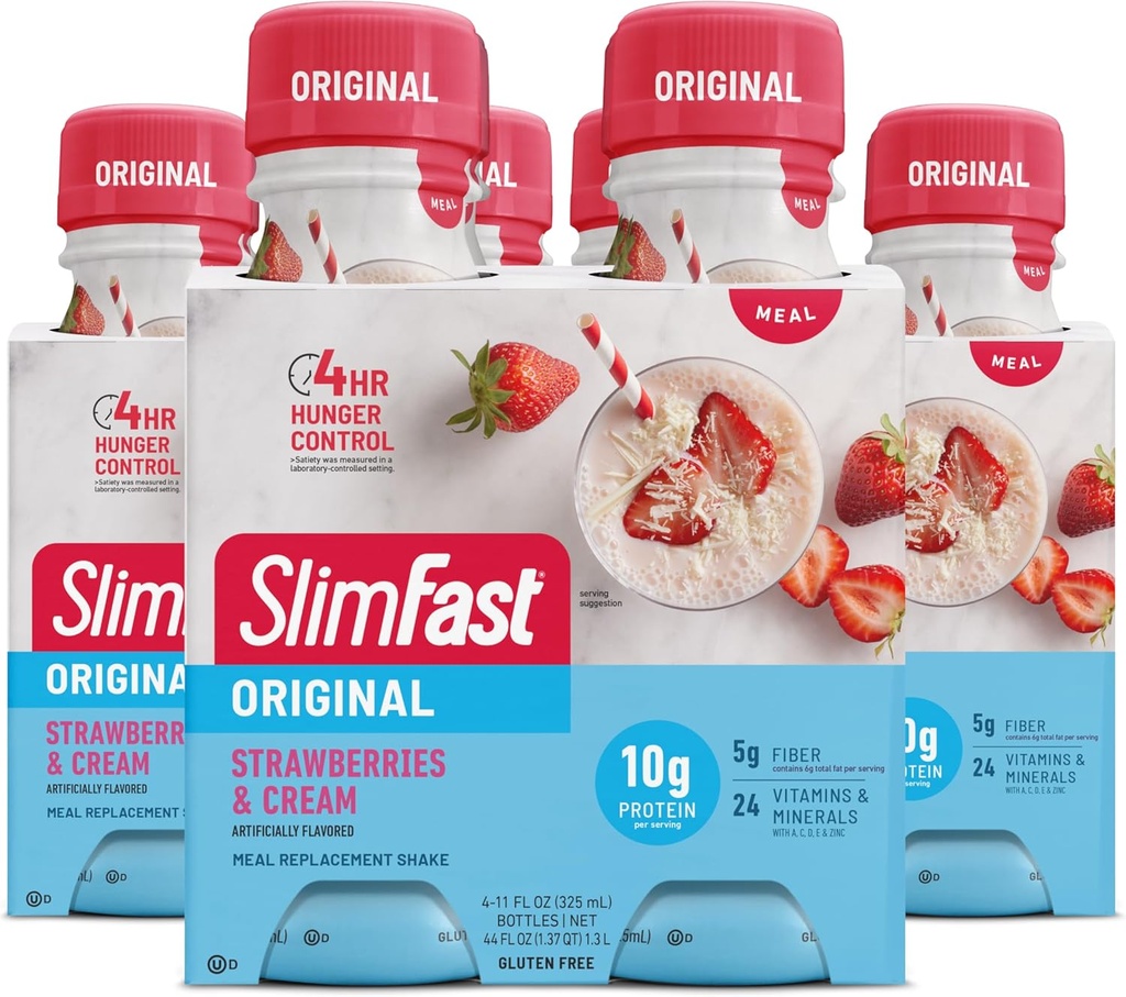SlimFast Meal Cature Shake,原始草莓和奶油,10g 为体重损失准备饮用蛋白质,11 Fl. Oz瓶,4 Counter (Pack of 3) (Package May Vary)