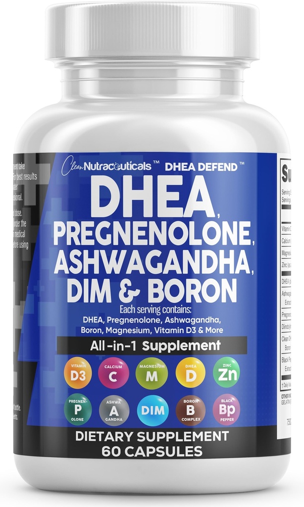 DHEA 200mg 补充 Pregnenolone 100mg 供男女使用 DIM Ashwagandha Boron 6mg 复合钙 镁 锌 50mg 维生素 D3 5000 IU Hormone 支持在美国制造的 Capsules Pills 60 计数