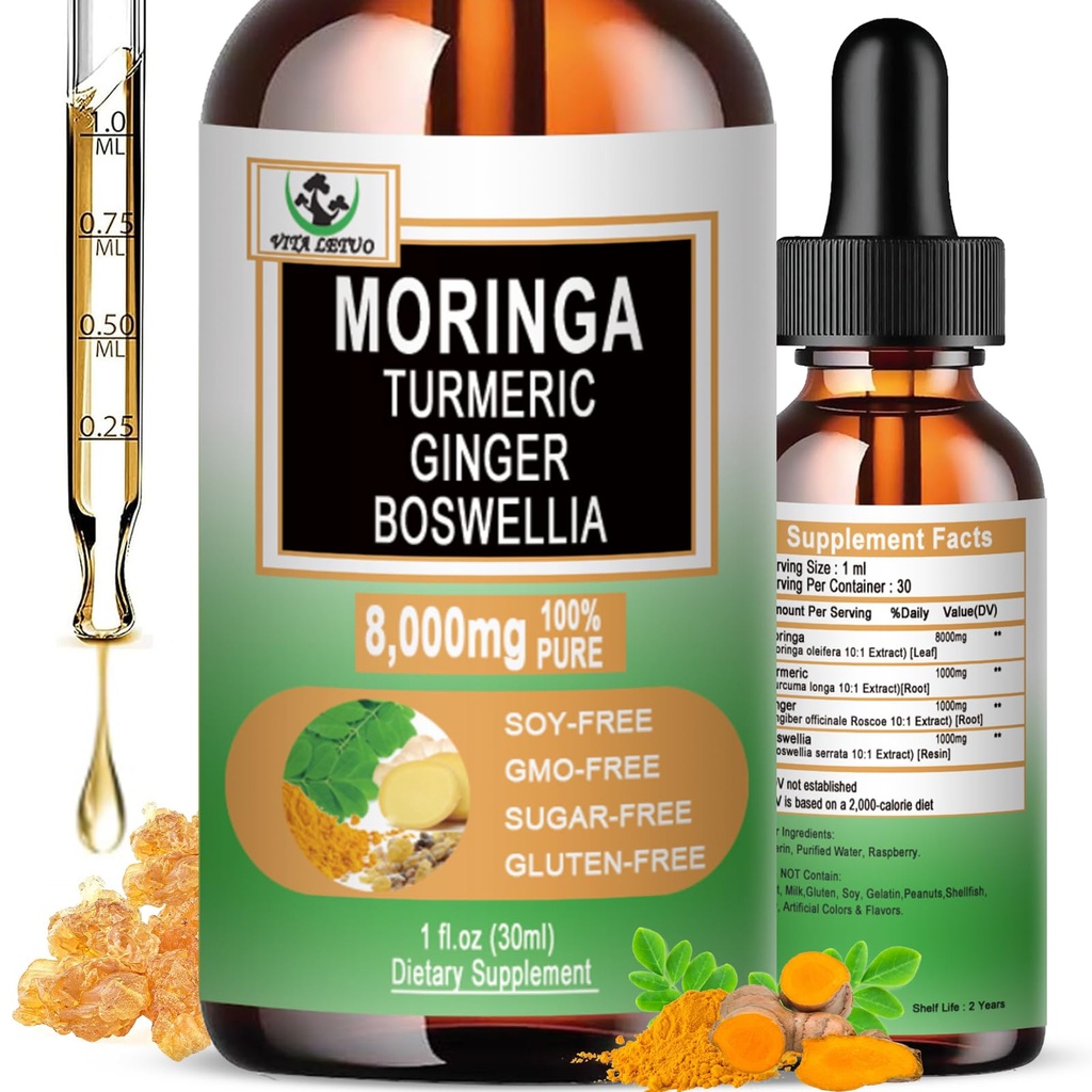 Moringa Drops - 有机莫林加叶萃取液体,用Turmeric Ginger Boswellia换能源,皮肤健康,Gut健康 - 高吸收性绿色超食品 w/Essical Vitamins & 氨基酸