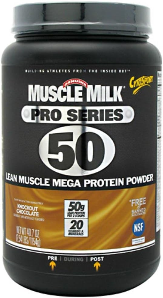 Muscle Milk Pro 系列 蛋白粉补充品, Knockout 巧克力, 2.54英镑, 14种服务, 50g 蛋白质, 3g 糖, 20种维生素和矿物, NSF 体育认证,包装 May Vary