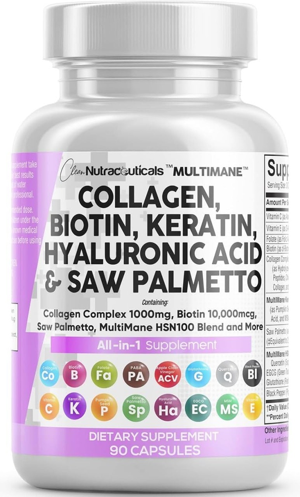 清洁营养素 柯拉根药丸 1000mg Biotin 10000mcg Keratin Saw Palmetto Hyaluronic Acid - 头发皮和直肠维生素和DHT 阻塞剂 配有维生素E Folic酸南瓜种子 MSM - 90 Counter