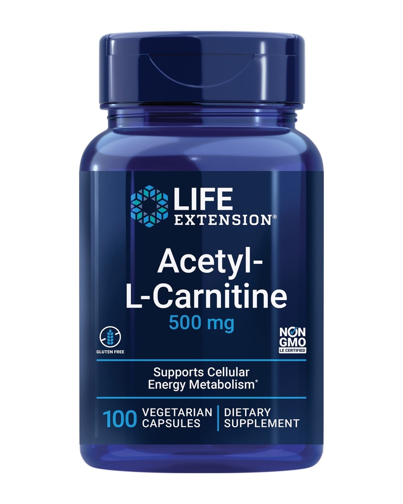 Life Extension Acetyl-L-Carnitine, Acetyl-L-Carnitine, Vitamin C, Brain, Mood & Nerve Health, Cellular Energy, 3-Month Supply, Gluten-Free, Non-GMO, Vegetarian, 100 Capsules