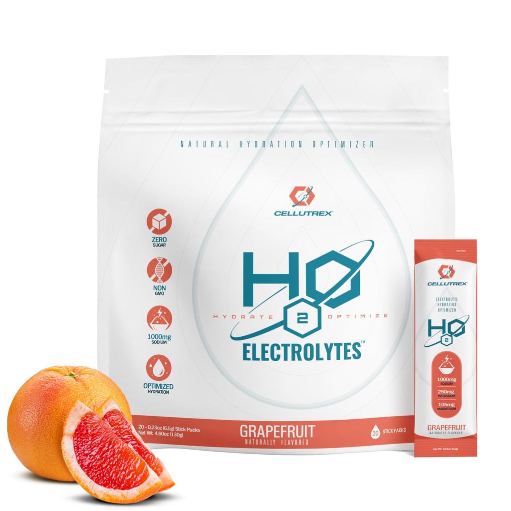 Cellutrex → H2O 电解液 – 电解质 粉末 饮料 混合剂 零糖 天然盐水分包 用于恢复与健康 葡萄果 20根棒