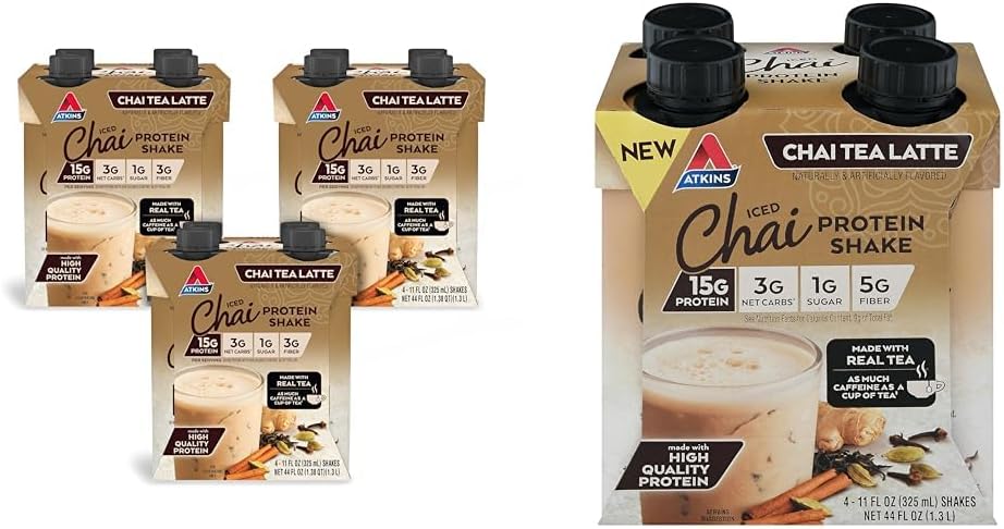 Atkins Chai 茶叶拉铁蛋白 摇篮 配有 15g 蛋白 3g Net Carb , 1g 糖 (4 Pack) Iced Chai 茶叶拉铁蛋白 摇篮