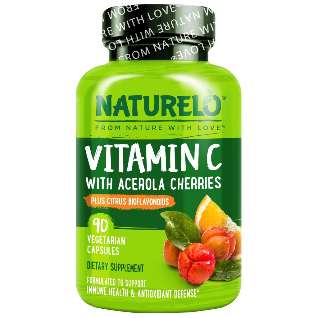 NATURELO 维生素C 含有机Acerola樱桃提取剂和Citrus Bioflavoids - Vegan 补充剂 - 免疫支持 - 每卡普500毫克VIT C - 非GMO - 90卡普尔
