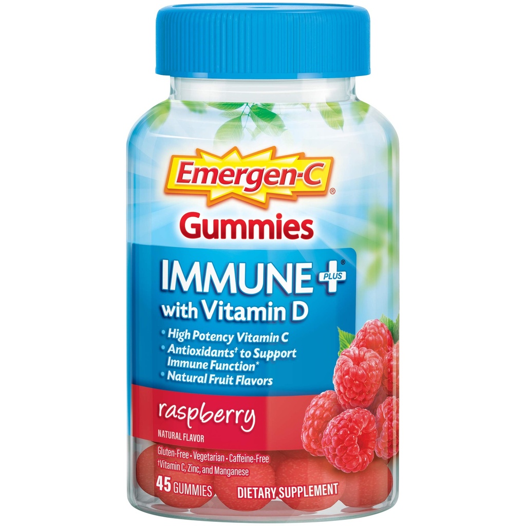 Emergen-C Immune+ 三角行动Immune支持Gummys,BetaVia(R),1000mg 维生素C,B维生素,维生素D和抗氧化剂,Raspberry,返校基本知识 – 45 Counter