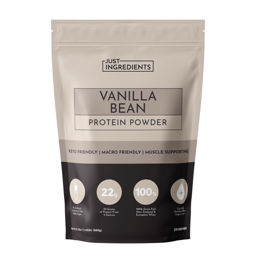 Just INGREDINTS 香草豆蛋白粉 – 20-Serviging blend with 100% Grass-Fed Whey & 有机植物蛋白 – Real Vanilla Bean & Cinnamon – 支持肌肉复苏,能源*
