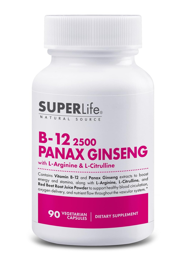 新鲜启动维生素B-12 2500 & Panax Ginseng 配L-Arginine & L-Citrulline - 强大的能量助推器 QQ支持正常血液流和能量代谢 QQ 补充 - 90 Capsules