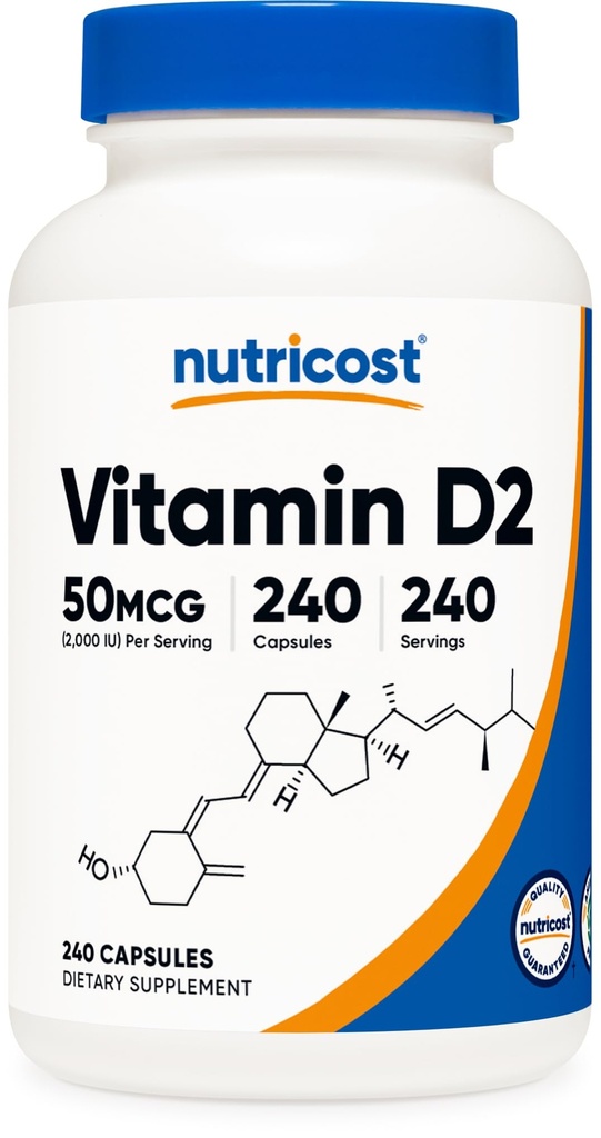 营养成本 维生素D2 补充剂(2000年IU) 240 Capsules - Vegan,非GMO,无葡萄糖,第三方测试