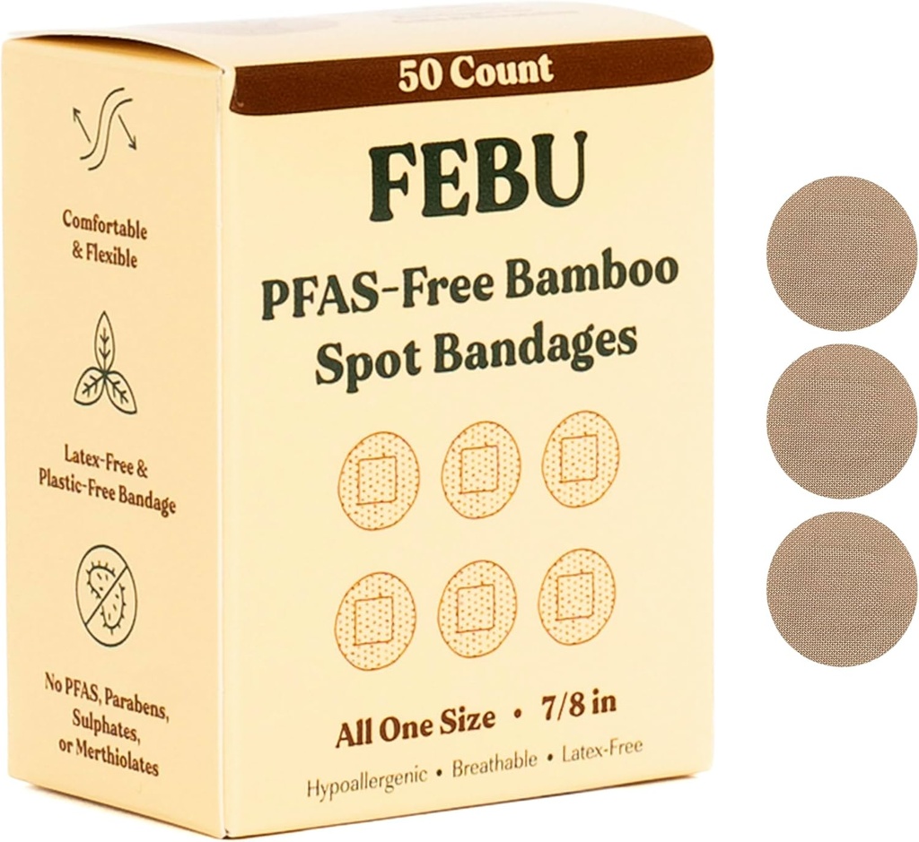 FEBU 生态友好的竹条花边乐队 PFAS Free Bandages for Scrapes & Cuts 自由的花边乐队 PFAS Free Bandages for Scrapes & Cuts 柔性花边乐队 Fully Fabric Bandage & Fully Composable, Latx Free Bandage → 50 伯爵点