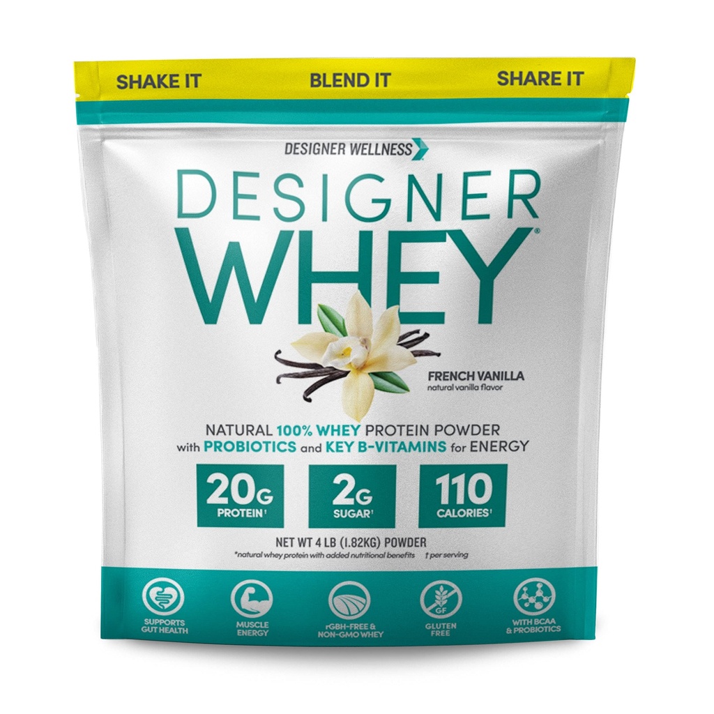 设计者Wellness,设计者Whey,天然当蛋白质粉有Probiotics,Fiber, 和关键B-维生素换能源,Gluten-Free,法国香草,4磅