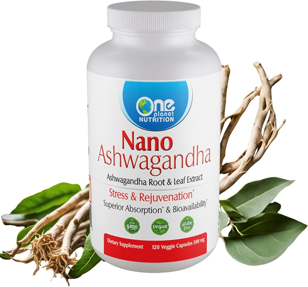 1 星球营养 Nano Ashwagandha Root & Leaf 500 mg Veggie Capsules (120 services), 10:1 摘录,支持Hormone和神经功能减轻压力,非GMO, Vegan, Gluten-Free