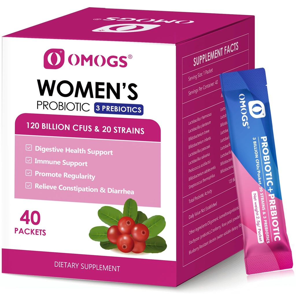 OMOGS 妇女避孕药,120亿-CFUs, 18 Strains, 配有3种预生药和Cranberry提取剂, 帮助免疫促进剂、消化保健、古特保健和阴道保健