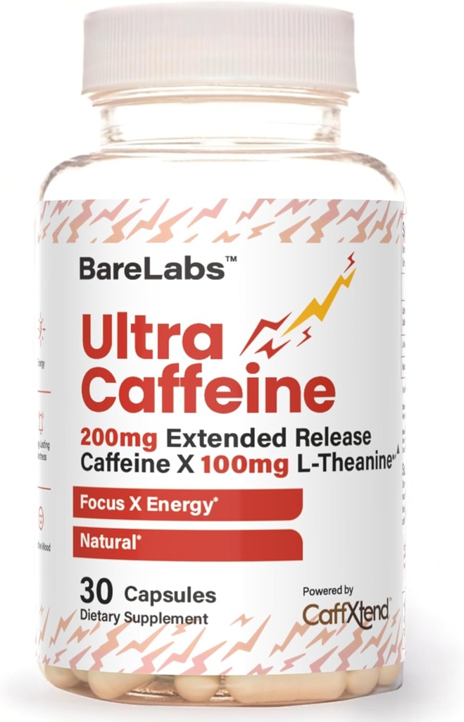 超咖啡因药丸 + 200mg 扩展释放 + L- Thenine for Energy & Focus + no Jiters, no Crash + Natural Cafeine 补充剂 - 30 Capsules