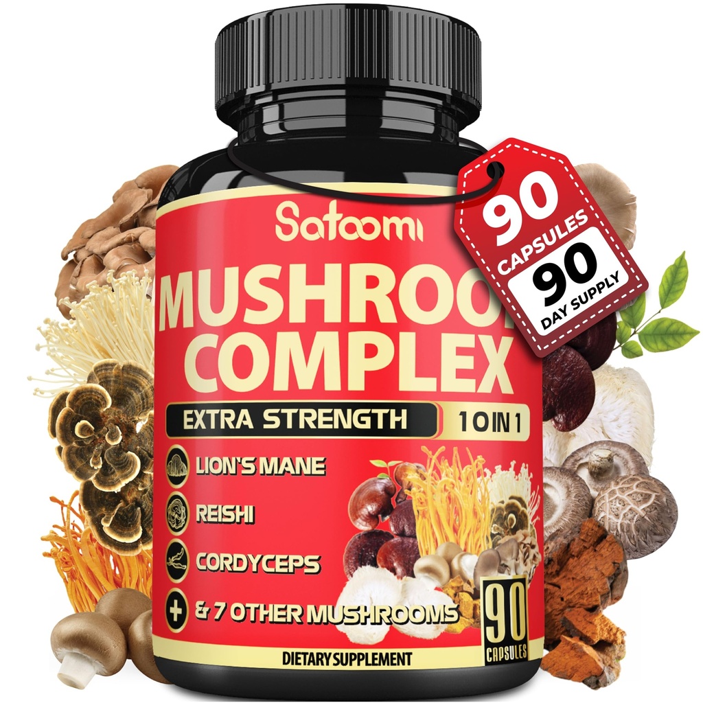 Satoomi 10in1 蘑菇增殖综合体 - Lions Mane, Cordyceps, Reishi, Chaga - 记忆和焦点的大脑增殖 - 3个月供应