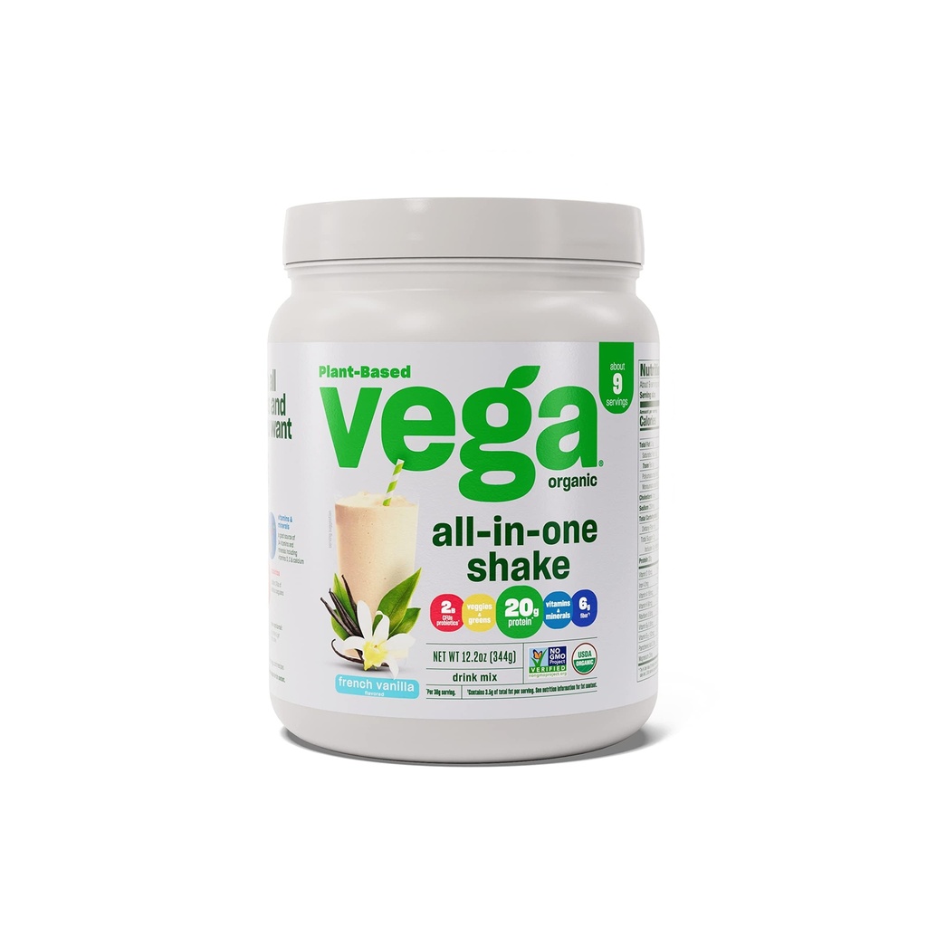 Vega Over-in-One Vegan蛋白粉,法国香草 - 超级食品原料,维他命支持,Keto Friendly, Pea protein for Women & Men, 12.2 oz (Package May Vary)