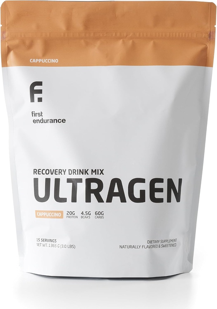 First Endurance Ultragens Workingout Recovery 饮料粉,蛋白质混合剂,靴子能量,加速恢复 QQ Cappuccino, 15 services