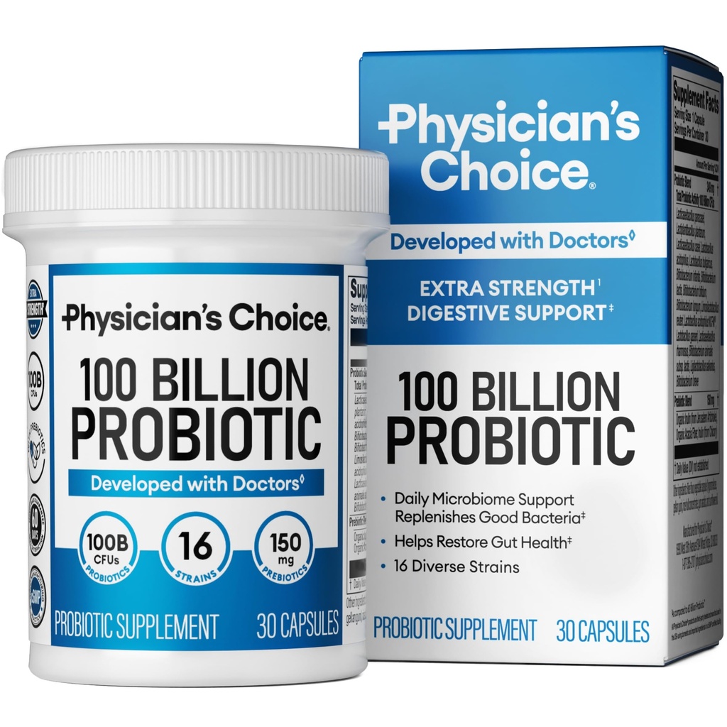 物理学家的CHOICE 100亿高级Probiotic - 16 Strains + 有机生素 - 消化和古特健康 - 支持偶发便秘,腹泻,气体和布洛廷 - 妇女和男子的Probiotics